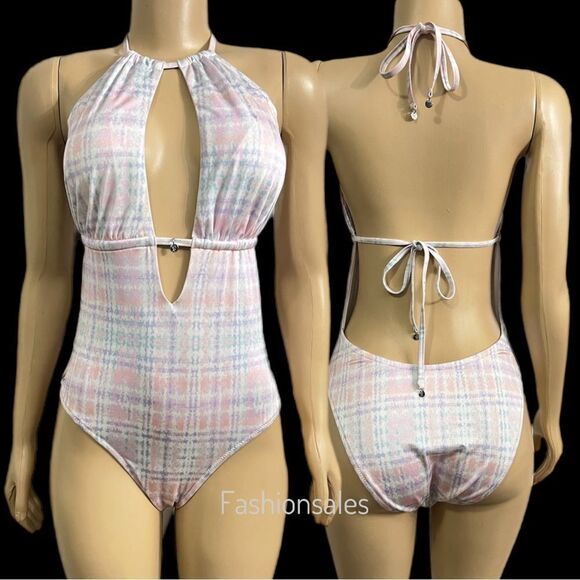 Victorias Secret Swim Cutout Halter One-piece Swimsuit Tweedy plaid Xlarge - Picture 1 of 4